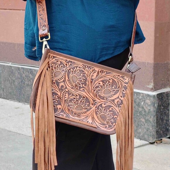 Western Leather Bag – Tooled Cowhide Crossbody, Shoulder Tote Purse with Fringes - Picture 1 of 10